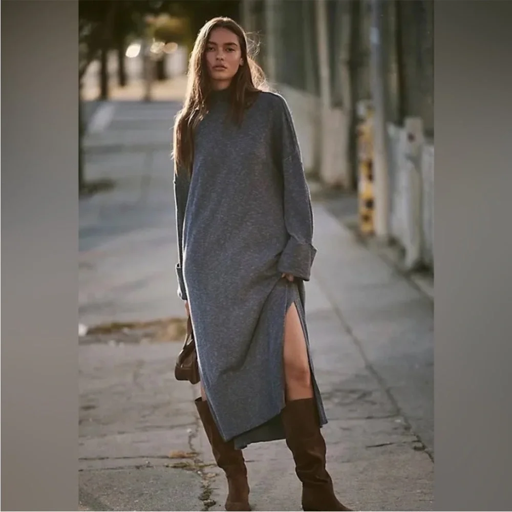 FP Cozy Blue / Grey Midi Dress with Side Slit - Large - Picture 1 of 7